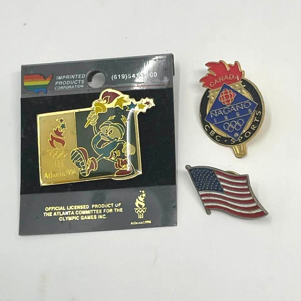 Vintage Olympic Pin Lot - Atlanta 1996, CBC Canada, USA Flag Sports Collectible